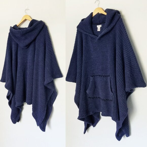 Free People Hooded Chunky Knit Oversized Poncho Ribbed Knit Pocket Navy Blue OS - Picture 4 of 16